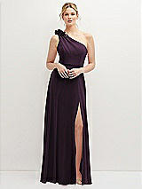 Front View Thumbnail - Aubergine Handworked Flower Trimmed One-Shoulder Chiffon Maxi Dress