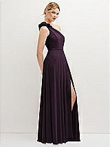 Side View Thumbnail - Aubergine Handworked Flower Trimmed One-Shoulder Chiffon Maxi Dress
