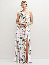 Front View Thumbnail - Butterfly Botanica Ivory Handworked Flower Trimmed One-Shoulder Chiffon Maxi Dress