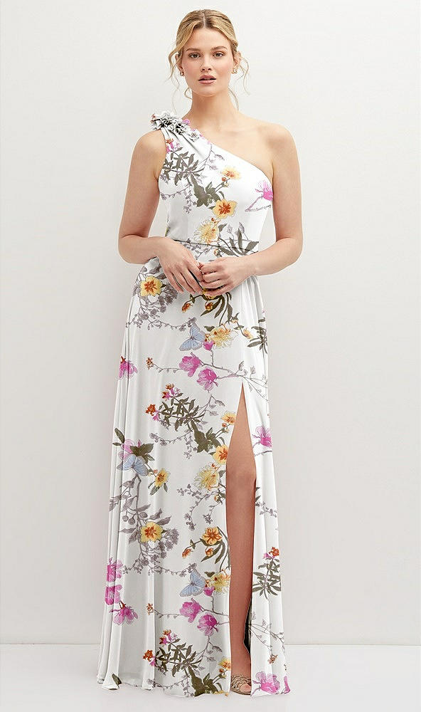Front View - Butterfly Botanica Ivory Handworked Flower Trimmed One-Shoulder Chiffon Maxi Dress