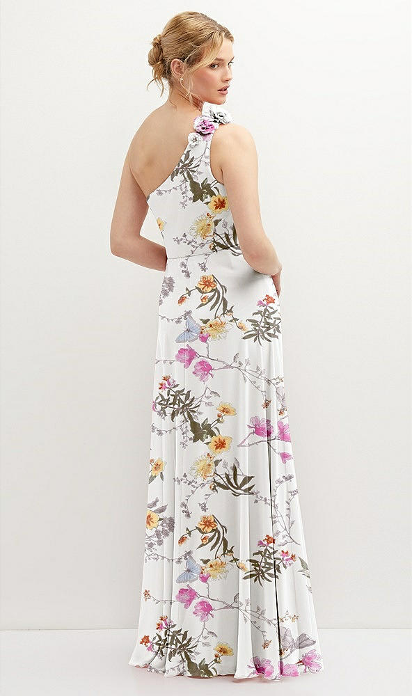 Back View - Butterfly Botanica Ivory Handworked Flower Trimmed One-Shoulder Chiffon Maxi Dress
