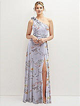 Front View Thumbnail - Butterfly Botanica Silver Dove Handworked Flower Trimmed One-Shoulder Chiffon Maxi Dress