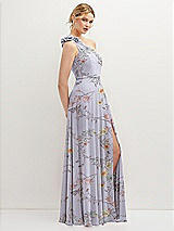 Side View Thumbnail - Butterfly Botanica Silver Dove Handworked Flower Trimmed One-Shoulder Chiffon Maxi Dress