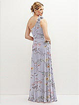 Rear View Thumbnail - Butterfly Botanica Silver Dove Handworked Flower Trimmed One-Shoulder Chiffon Maxi Dress