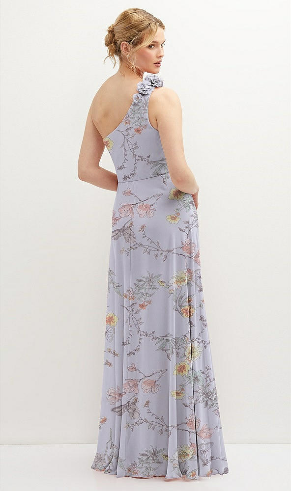Back View - Butterfly Botanica Silver Dove Handworked Flower Trimmed One-Shoulder Chiffon Maxi Dress