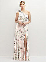 Front View Thumbnail - Blush Garden Handworked Flower Trimmed One-Shoulder Chiffon Maxi Dress