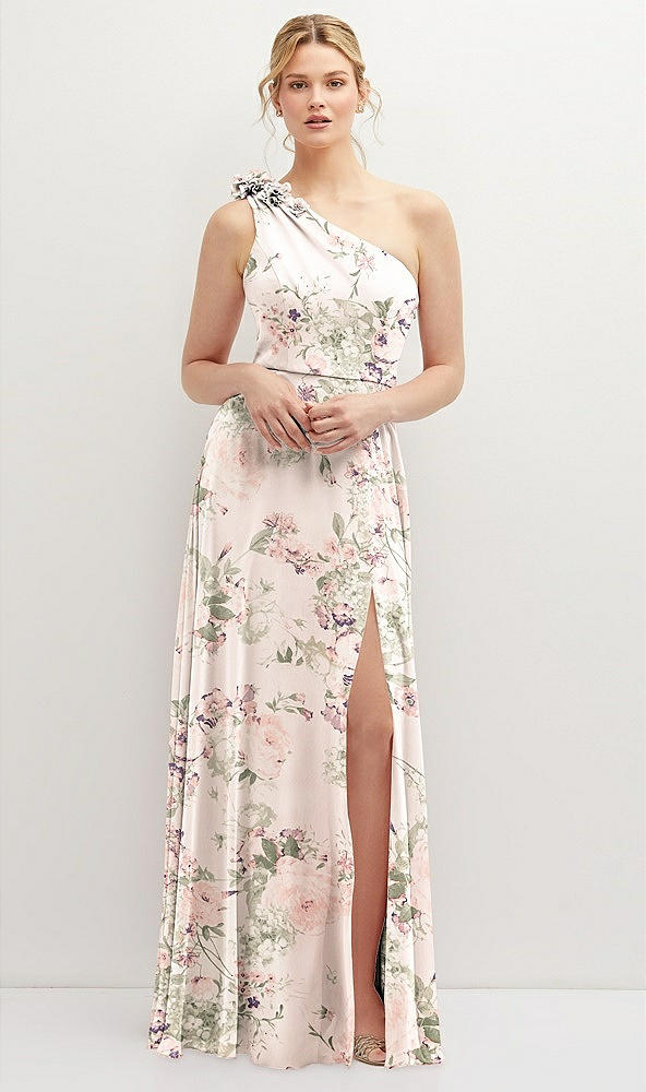 Front View - Blush Garden Handworked Flower Trimmed One-Shoulder Chiffon Maxi Dress