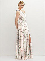 Side View Thumbnail - Blush Garden Handworked Flower Trimmed One-Shoulder Chiffon Maxi Dress