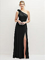 Front View Thumbnail - Black Handworked Flower Trimmed One-Shoulder Chiffon Maxi Dress