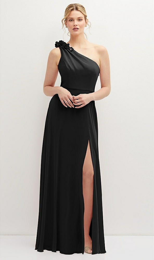 Front View - Black Handworked Flower Trimmed One-Shoulder Chiffon Maxi Dress