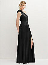Side View Thumbnail - Black Handworked Flower Trimmed One-Shoulder Chiffon Maxi Dress