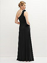Rear View Thumbnail - Black Handworked Flower Trimmed One-Shoulder Chiffon Maxi Dress