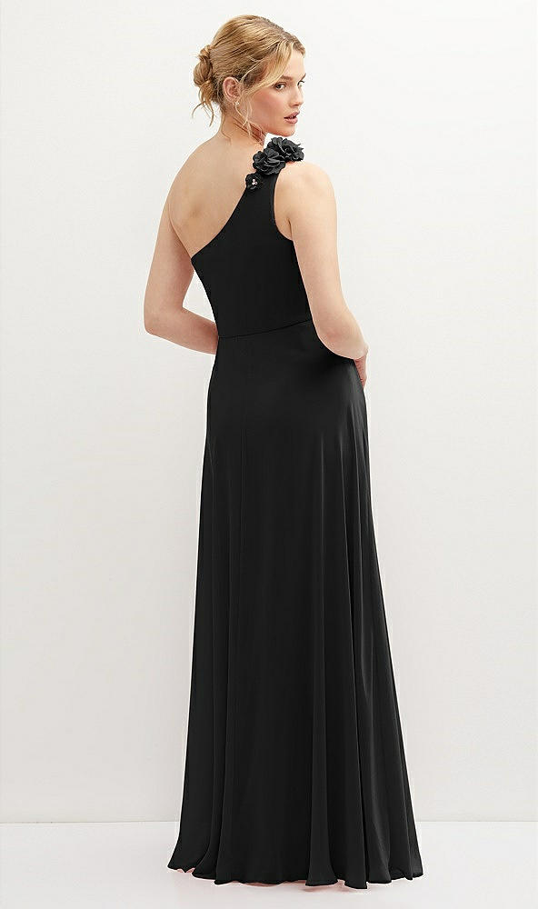 Back View - Black Handworked Flower Trimmed One-Shoulder Chiffon Maxi Dress