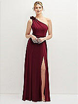 Front View Thumbnail - Burgundy Handworked Flower Trimmed One-Shoulder Chiffon Maxi Dress