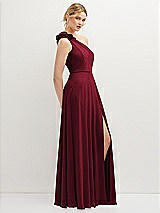 Side View Thumbnail - Burgundy Handworked Flower Trimmed One-Shoulder Chiffon Maxi Dress
