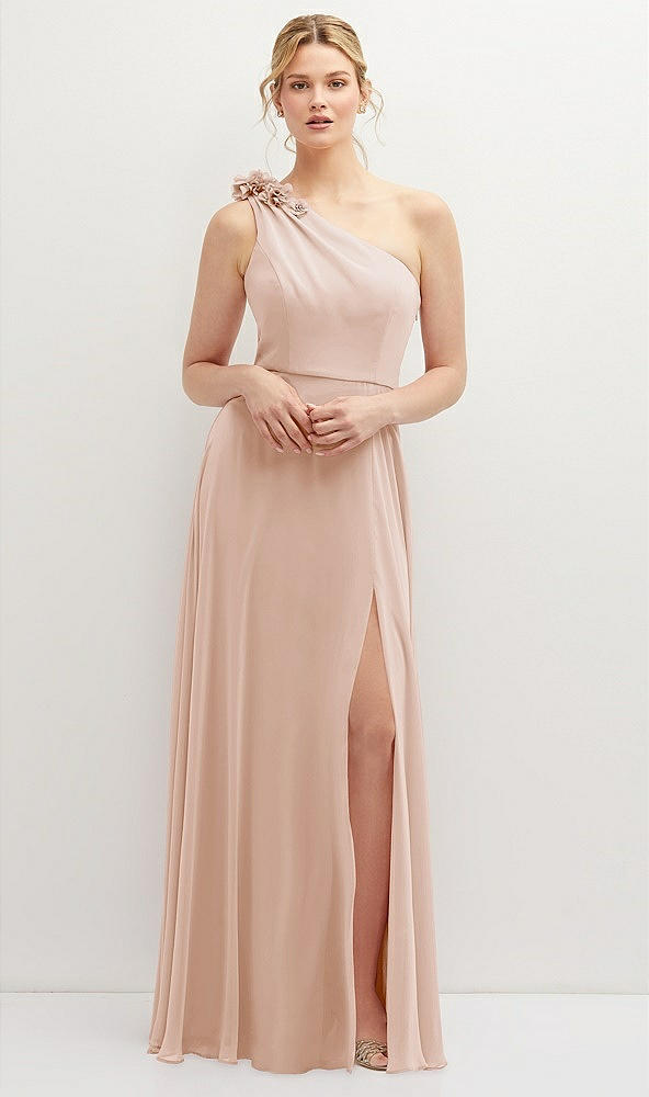 Front View - Cameo Handworked Flower Trimmed One-Shoulder Chiffon Maxi Dress
