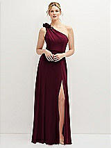 Front View Thumbnail - Cabernet Handworked Flower Trimmed One-Shoulder Chiffon Maxi Dress
