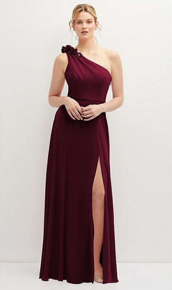 Front View - Cabernet Handworked Flower Trimmed One-Shoulder Chiffon Maxi Dress