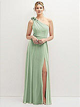 Front View Thumbnail - Celadon Handworked Flower Trimmed One-Shoulder Chiffon Maxi Dress