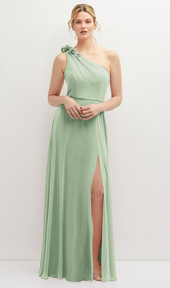 Front View - Celadon Handworked Flower Trimmed One-Shoulder Chiffon Maxi Dress