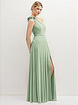 Side View Thumbnail - Celadon Handworked Flower Trimmed One-Shoulder Chiffon Maxi Dress