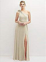 Front View Thumbnail - Champagne Handworked Flower Trimmed One-Shoulder Chiffon Maxi Dress