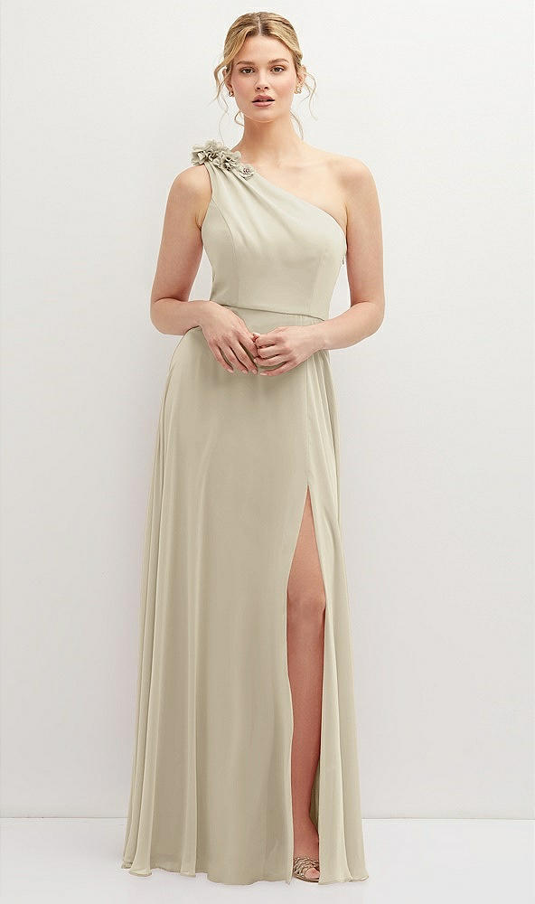 Front View - Champagne Handworked Flower Trimmed One-Shoulder Chiffon Maxi Dress
