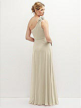 Rear View Thumbnail - Champagne Handworked Flower Trimmed One-Shoulder Chiffon Maxi Dress