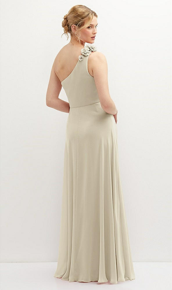 Back View - Champagne Handworked Flower Trimmed One-Shoulder Chiffon Maxi Dress