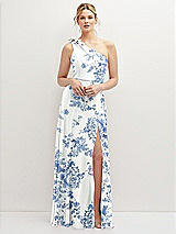 Front View Thumbnail - Cottage Rose Dusk Blue Handworked Flower Trimmed One-Shoulder Chiffon Maxi Dress