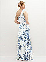 Rear View Thumbnail - Cottage Rose Dusk Blue Handworked Flower Trimmed One-Shoulder Chiffon Maxi Dress