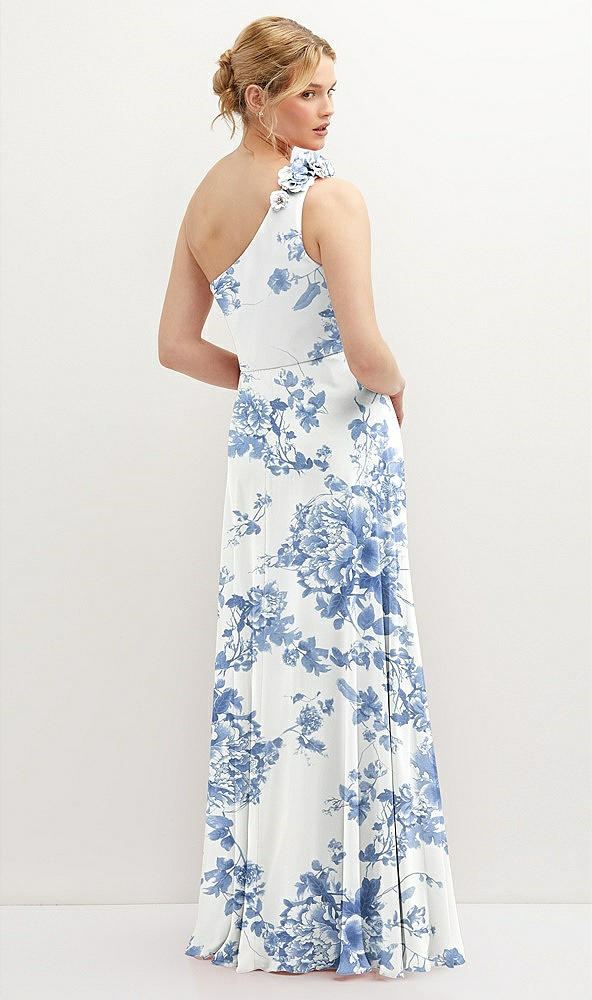 Back View - Cottage Rose Dusk Blue Handworked Flower Trimmed One-Shoulder Chiffon Maxi Dress