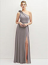 Front View Thumbnail - Cashmere Gray Handworked Flower Trimmed One-Shoulder Chiffon Maxi Dress