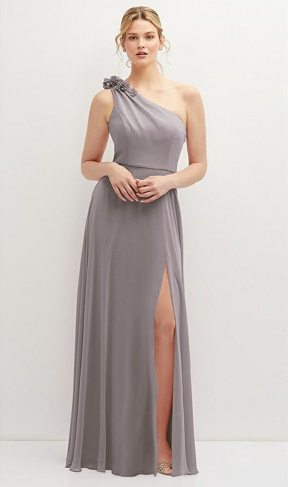 Front View - Cashmere Gray Handworked Flower Trimmed One-Shoulder Chiffon Maxi Dress