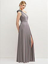 Side View Thumbnail - Cashmere Gray Handworked Flower Trimmed One-Shoulder Chiffon Maxi Dress