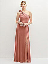 Front View Thumbnail - Desert Rose Handworked Flower Trimmed One-Shoulder Chiffon Maxi Dress