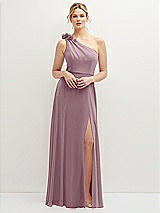 Front View Thumbnail - Dusty Rose Handworked Flower Trimmed One-Shoulder Chiffon Maxi Dress