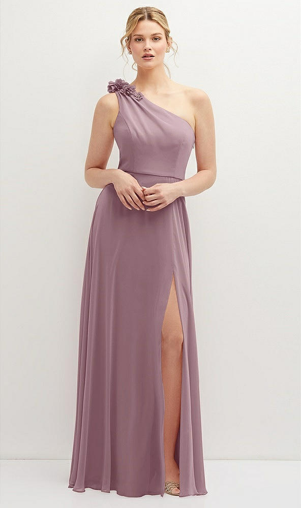 Front View - Dusty Rose Handworked Flower Trimmed One-Shoulder Chiffon Maxi Dress