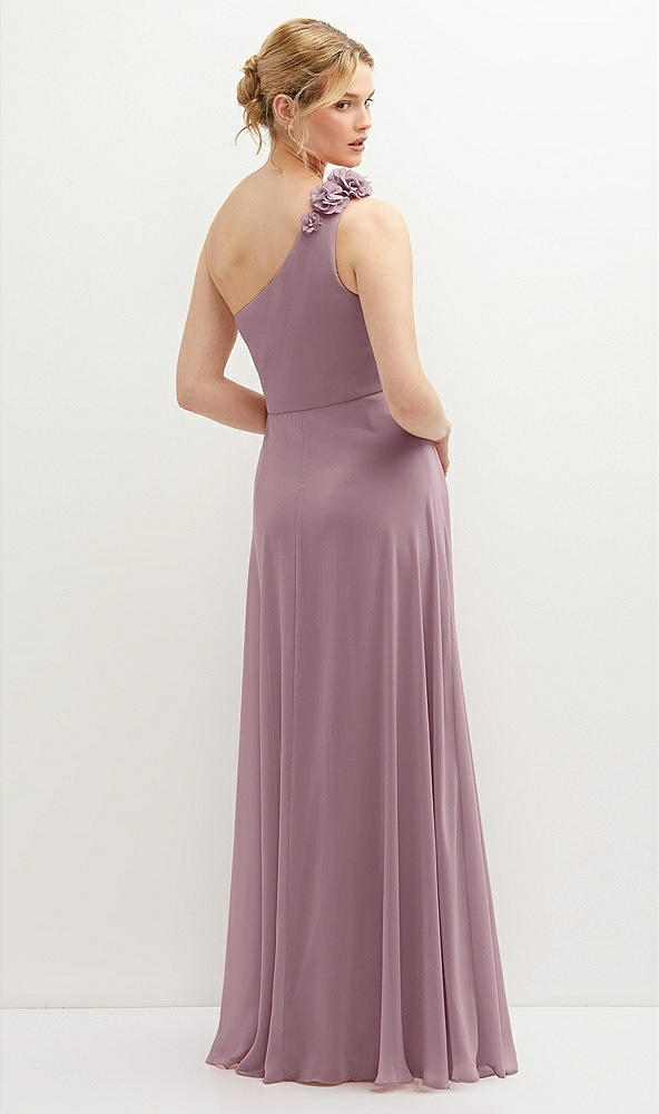 Back View - Dusty Rose Handworked Flower Trimmed One-Shoulder Chiffon Maxi Dress