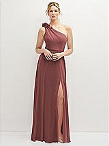 Front View Thumbnail - English Rose Handworked Flower Trimmed One-Shoulder Chiffon Maxi Dress