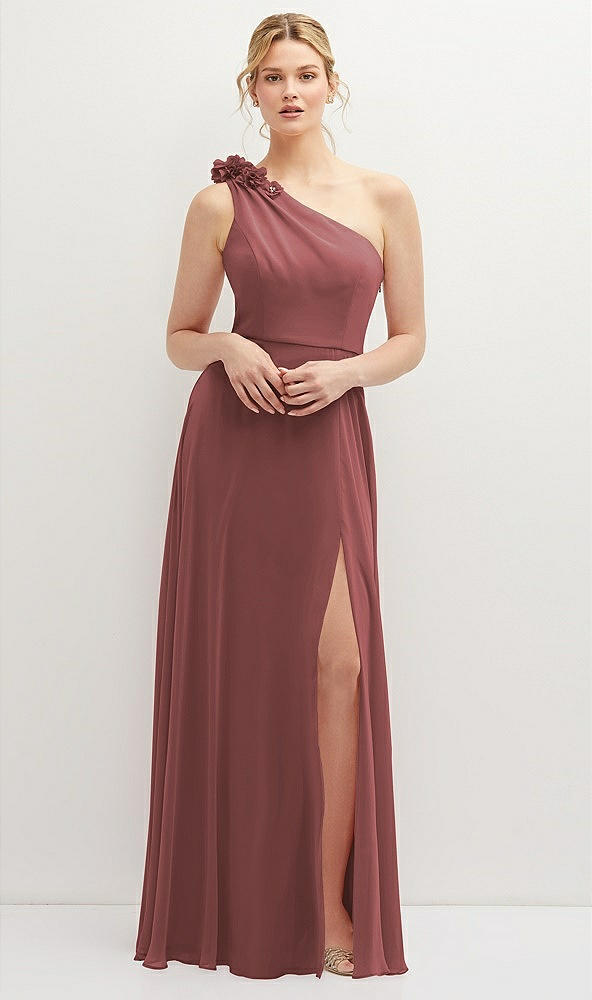 Front View - English Rose Handworked Flower Trimmed One-Shoulder Chiffon Maxi Dress