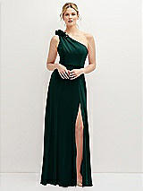 Front View Thumbnail - Evergreen Handworked Flower Trimmed One-Shoulder Chiffon Maxi Dress