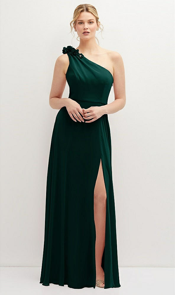 Front View - Evergreen Handworked Flower Trimmed One-Shoulder Chiffon Maxi Dress