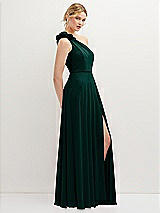 Side View Thumbnail - Evergreen Handworked Flower Trimmed One-Shoulder Chiffon Maxi Dress