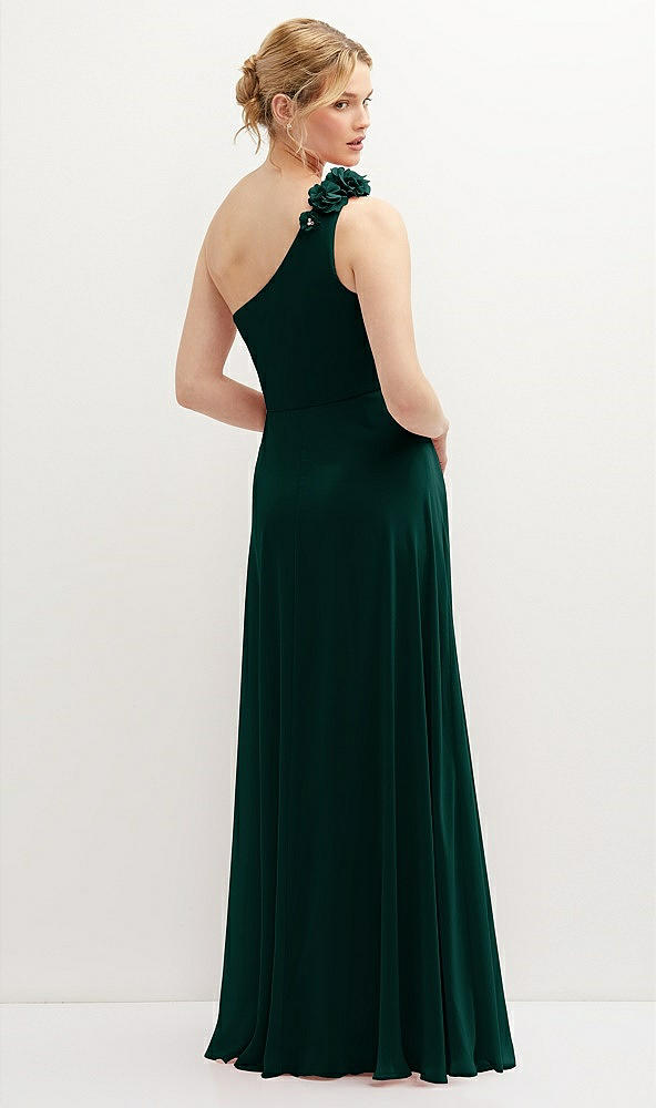 Back View - Evergreen Handworked Flower Trimmed One-Shoulder Chiffon Maxi Dress