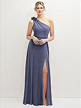 Front View Thumbnail - French Blue Handworked Flower Trimmed One-Shoulder Chiffon Maxi Dress