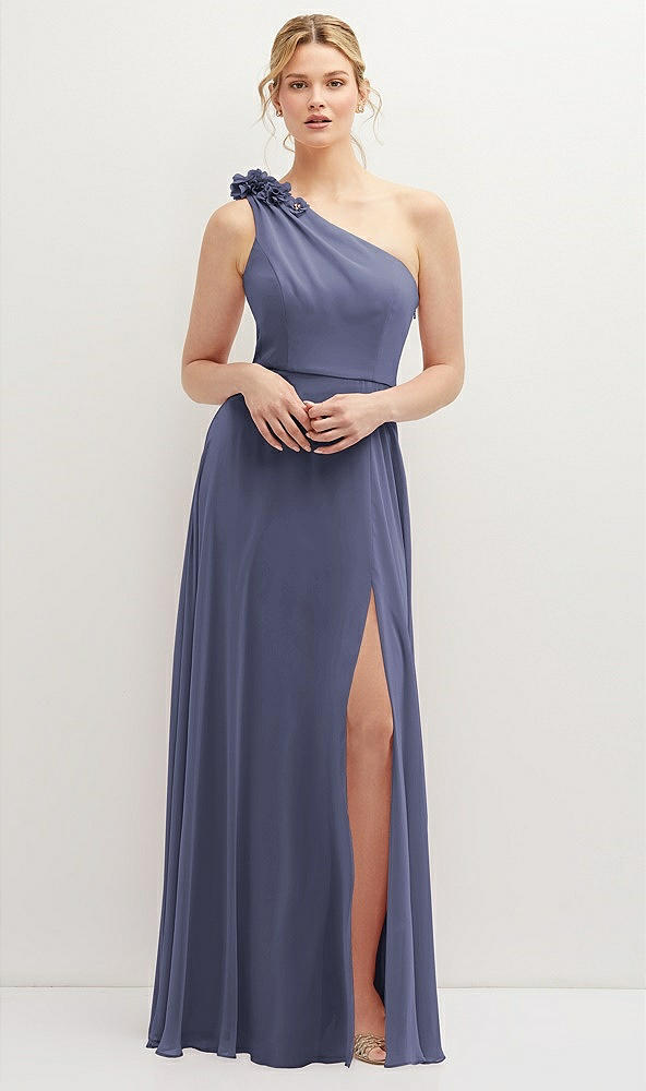 Front View - French Blue Handworked Flower Trimmed One-Shoulder Chiffon Maxi Dress