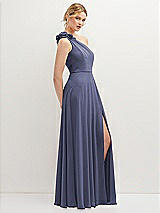 Side View Thumbnail - French Blue Handworked Flower Trimmed One-Shoulder Chiffon Maxi Dress