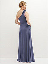 Rear View Thumbnail - French Blue Handworked Flower Trimmed One-Shoulder Chiffon Maxi Dress
