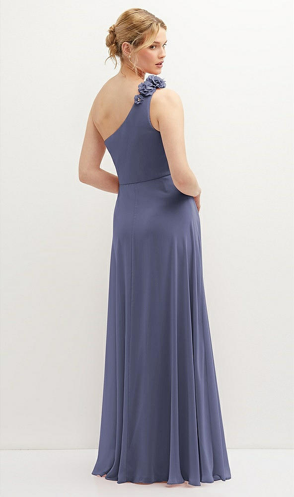 Back View - French Blue Handworked Flower Trimmed One-Shoulder Chiffon Maxi Dress